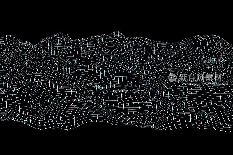 数字三维线框景观，孤立的黑色背景。理想的背景在技术演示，虚拟现实环境，和图形抽象。网格,网格。3 d渲染。
